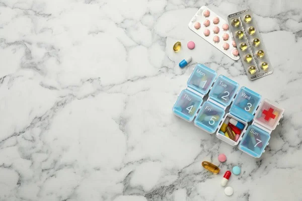 Plastic Box Different Pills White Marble Table Flat Lay Space — ストック写真