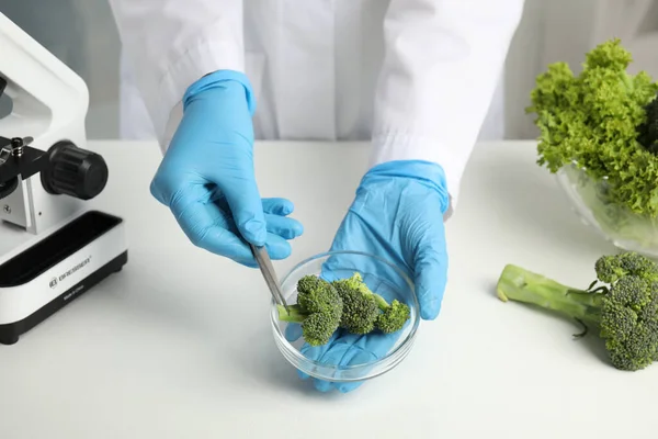 Laboratuvardaki Masada Brokolisi Olan Bilim Adamı Yakın Plan Zehir Saptama — Stok fotoğraf
