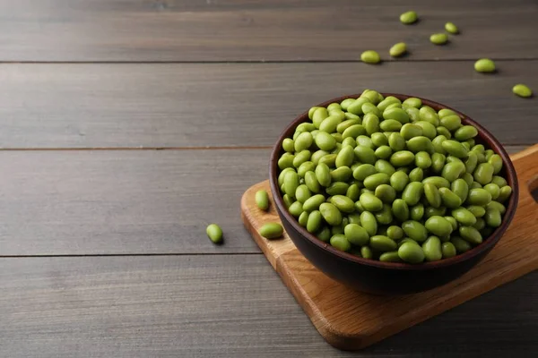 Bowl Delicious Edamame Beans Wooden Table Space Text — Foto de Stock