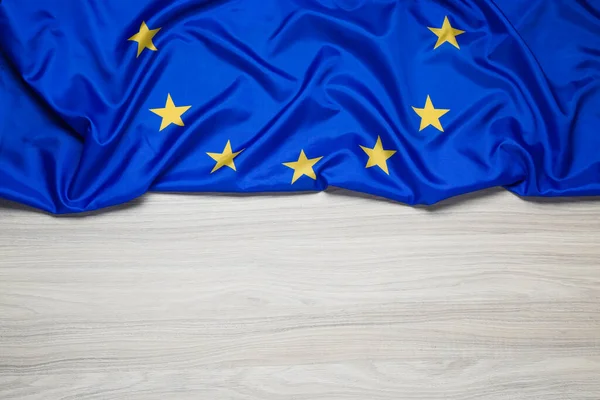 Flagge Der Europäischen Union Auf Holztisch Draufsicht Raum Für Text — Stockfoto