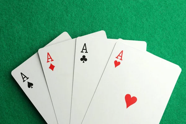 Four Aces Playing Cards Green Table Top View Poker Game — Fotografia de Stock