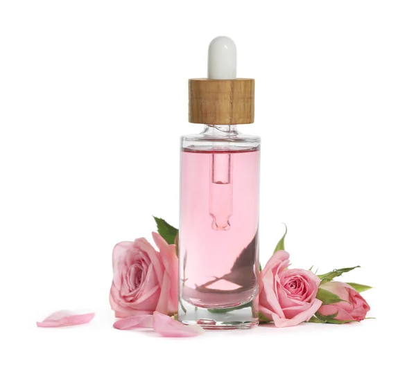 Bottle Essential Rose Oil Flowers White Background — Fotografia de Stock