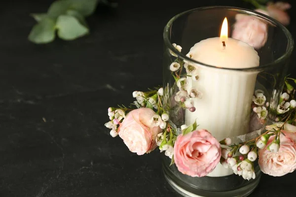 Glass Holder Burning Candle Floral Decor Black Stone Table Closeup —  Fotos de Stock