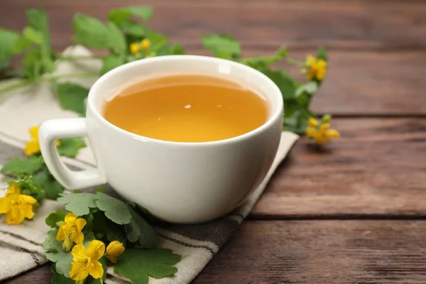 Cup Aromatic Celandine Tea Flowers Wooden Table Closeup — Stock Photo, Image