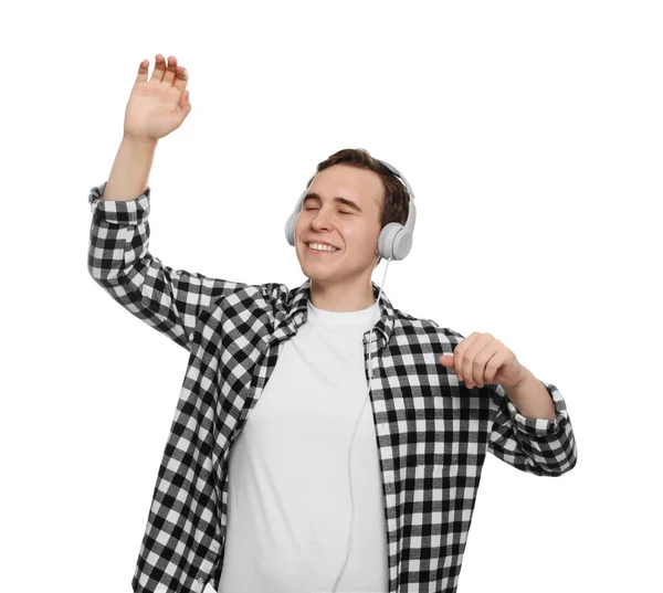 Handsome Young Man Headphones Dancing White Background — 스톡 사진