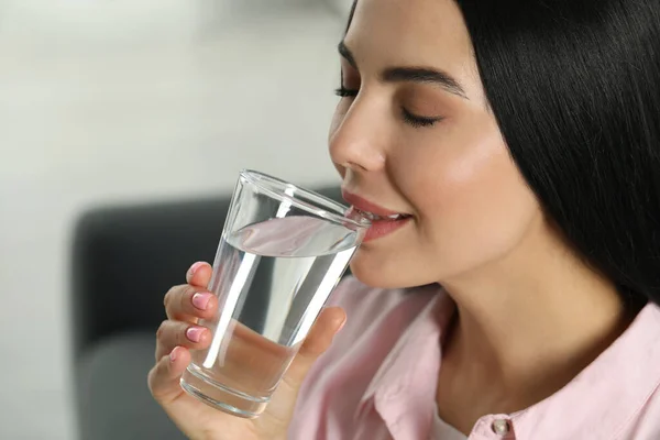 Young Woman Drinking Water Indoors Closeup Refreshing Drink — Foto de Stock