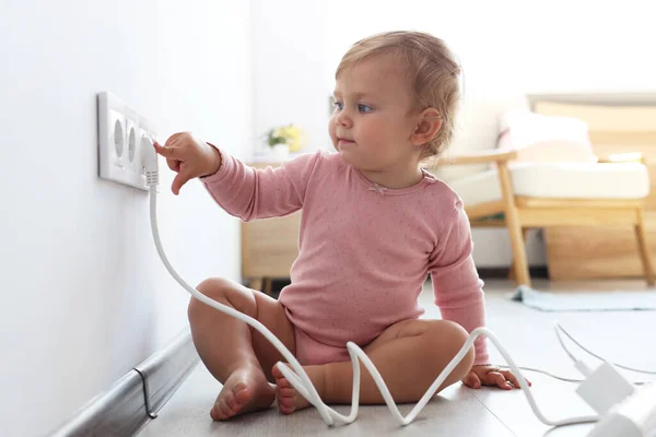 Cute Baby Playing Electrical Socket Plug Home Dangerous Situation — 스톡 사진