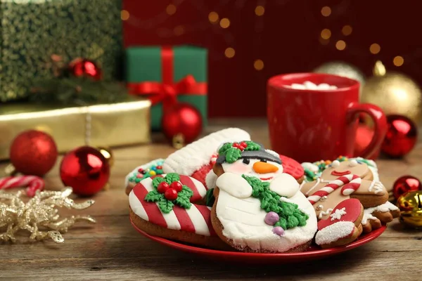 Delicious Christmas Cookies Wooden Table Blurred Lights Closeup — 스톡 사진