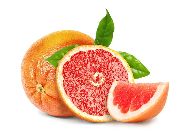 Tasty Ripe Grapefruits Green Leaves White Background — 스톡 사진