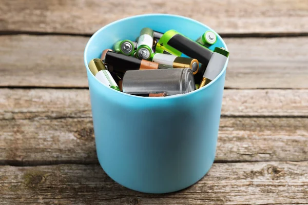 Used Batteries Bucket Wooden Table — ストック写真