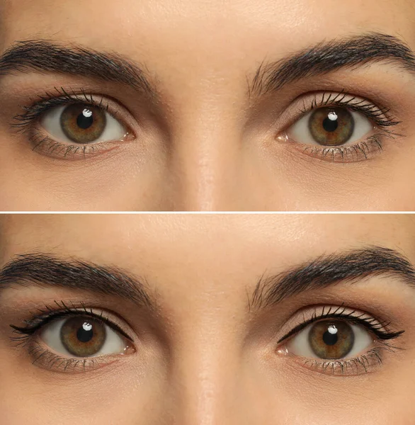 Collage Photos Young Woman Getting Permanent Eyeliner Makeup Closeup — Fotografia de Stock