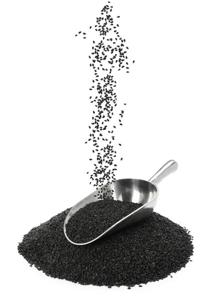 Black Sesame Seeds Falling Pile Scoop White Background — Stockfoto