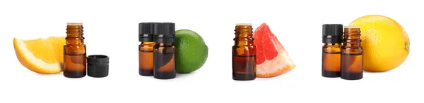 Set Bottles Different Citrus Essential Oils Fresh Fruits White Background — Stock fotografie