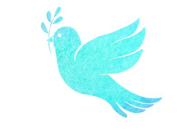 Dove holding tree branch drawn with watercolor paint on white background