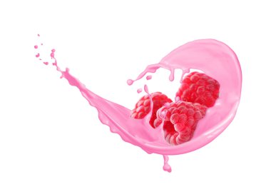 Splash of tasty raspberry yogurt and fresh berries on white background