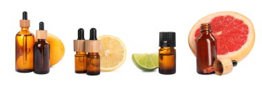 Set with bottles of different citrus essential oils and fresh fruits on white background. Banner design