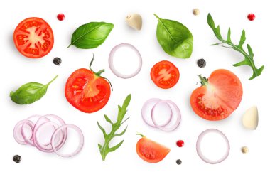 Fresh ripe tomatoes with garlic, onion, basil, arugula and peppercorns on white background, top view