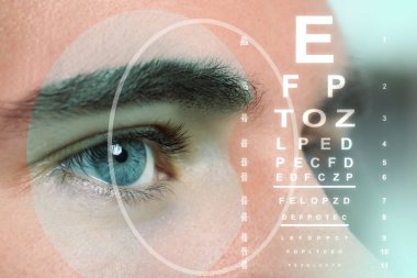 Closeup view of man and eye chart illustration. Visiting ophthalmologist