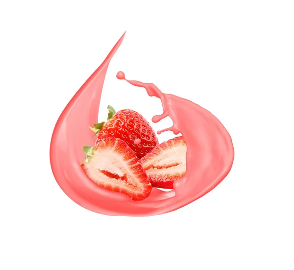 Splash Tasty Strawberry Yogurt Fresh Berries White Background — Stockfoto