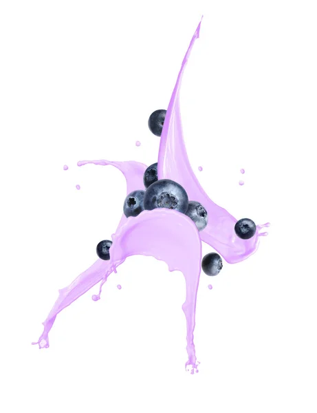 Splashes Tasty Blueberry Yogurt Fresh Berries White Background — Fotografia de Stock
