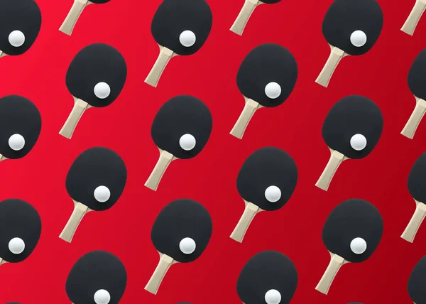 Table tennis paddles and balls on red background, flat lay