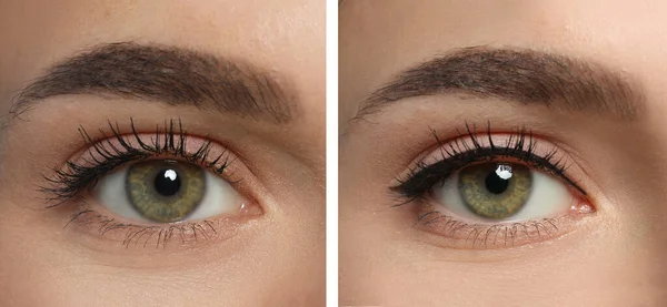 Collage Photos Young Woman Getting Permanent Eyeliner Makeup Closeup Banner —  Fotos de Stock