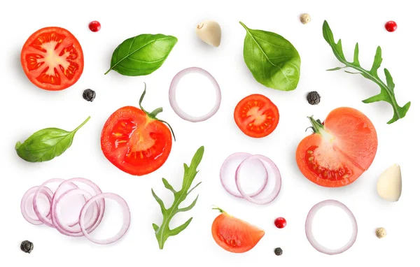 Fresh Ripe Tomatoes Garlic Onion Basil Arugula Peppercorns White Background — Stockfoto