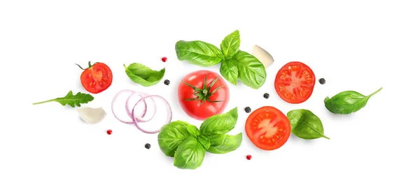 Fresh Ripe Tomatoes Garlic Onion Basil Arugula Peppercorns White Background — 스톡 사진