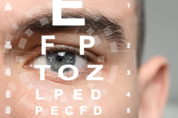 Closeup view of man and eye chart illustration. Visiting ophthalmologist
