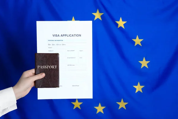 Woman Holding Visa Application Form Passport European Union Flag Closeup — ストック写真