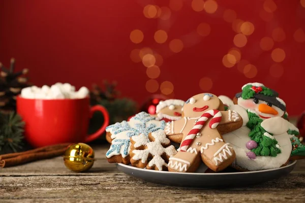 Sweet Christmas Cookies Decor Wooden Table Blurred Festive Lights — Stock Photo, Image