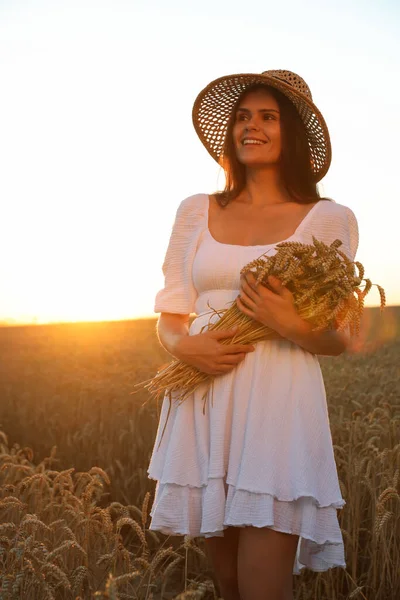 Beautiful Young Woman Bunch Wheat Ears Field Sunny Day — Stockfoto