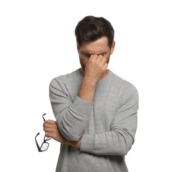 Man Suffering Eyestrain White Background —  Fotos de Stock