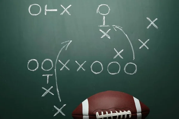 Rugby ball and drawn American football strategy game on green chalkboard, top view