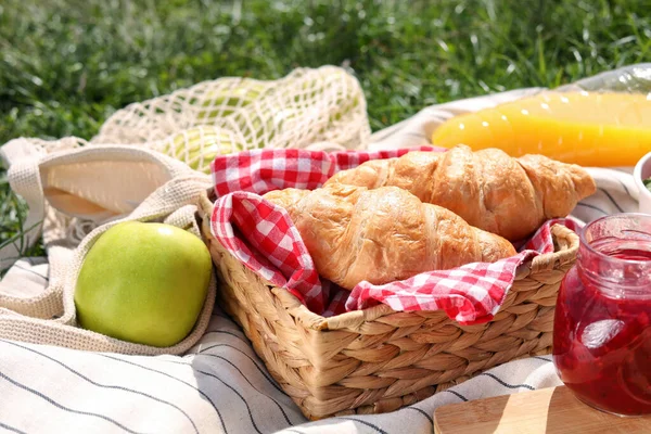 Jar Jam Croissants Apple Blanket Outdoors Summer Picnic — Stockfoto