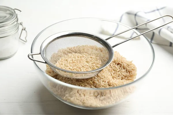 Sieve Rice Bowl White Wooden Table — Stock Photo, Image