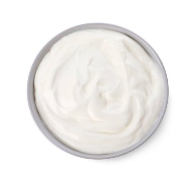Bowl with delicious organic yogurt isolated on white, top view