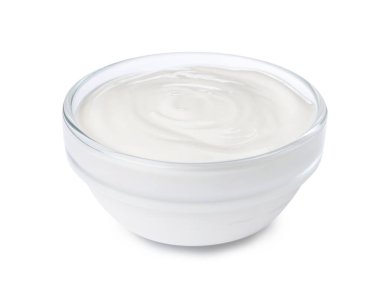 Bowl with delicious organic yogurt isolated on white