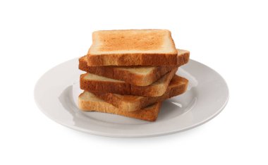Plate with slices of delicious toasted bread on white background