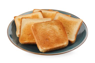 Plate with slices of delicious toasted bread on white background