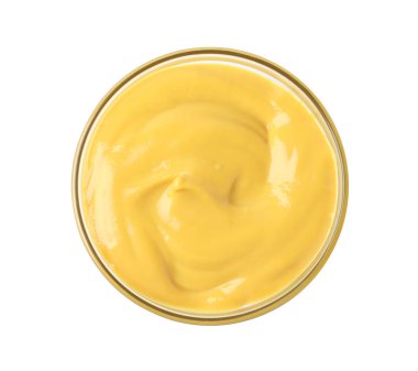 Spicy mustard in glass bowl isolated on white, top view
