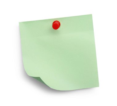 Blank light green note pinned on white background, top view
