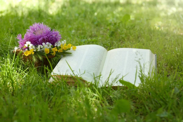 Open Book Beautiful Wildflowers Green Grass Outdoors — Stock Fotó