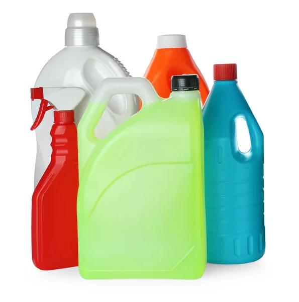 Different Bottles Cleaning Supplies White Background — Stock fotografie