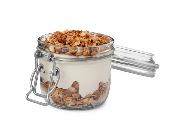 Jar Yogurt Granola Isolated White — Fotografia de Stock