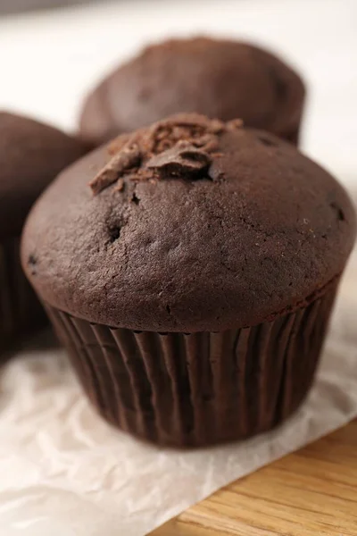 Delicious Cupcake Chocolate Crumbles Wooden Board Closeup — Stockfoto