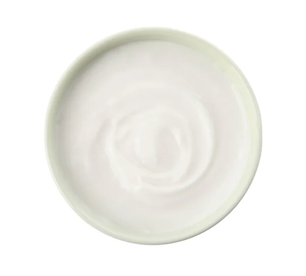Bowl Delicious Organic Yogurt Isolated White Top View — Stok fotoğraf