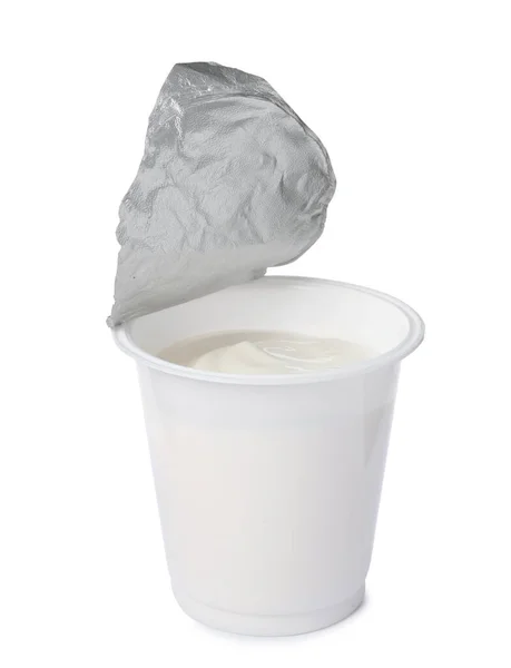 Plastic Cup Delicious Organic Yogurt Isolated White — Foto de Stock
