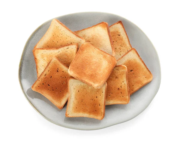 Plate Slices Delicious Toasted Bread White Background Top View — Photo