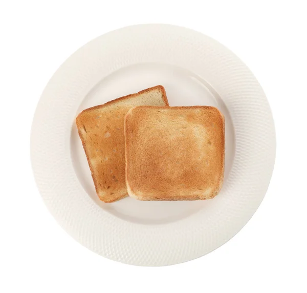 Plate Slices Delicious Toasted Bread White Background Top View — Stockfoto
